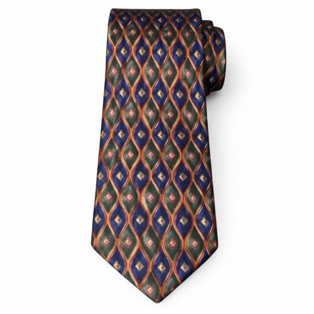 Ryan Lonnigan 100% Silk Tie Made in USA Geometric Diamond Navy Green Gold